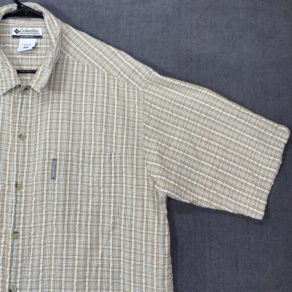 Columbia Mens XL Short-Sleeve Plaid Button-Up Shirt Beige & White 100% Cotton - Picture 10 of 12